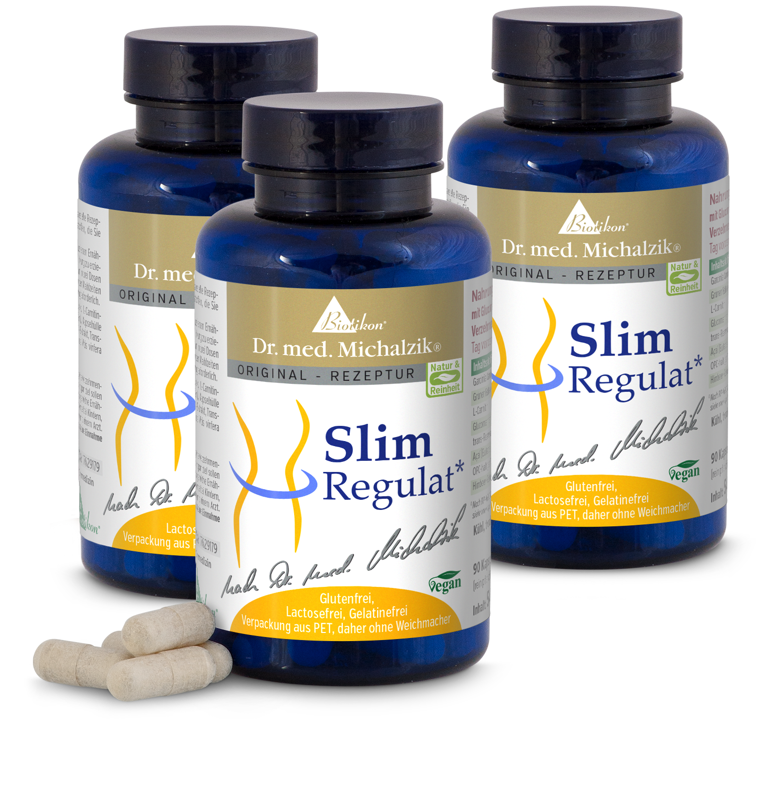 Slim Regulat – 90 Capsules, Végétalien & Sans Gluten Trois bouteilles bleues de capsules Slim Regulat, 90 par bouteille, emballage en PET, capsules sans gluten, végétaliennes avec des capsules claires à l'avant.