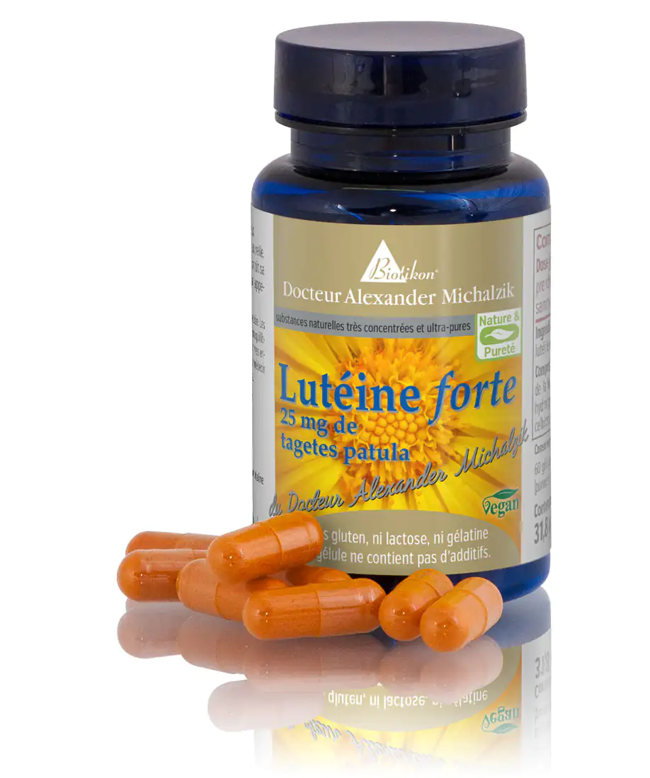 Lutéine Forte 25 mg – Capsules Emballage avec capsules de lutéine forte, 25 mg couleur orange, 60 pièces, vue de face.