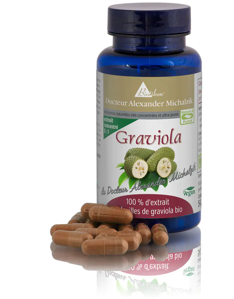 Graviola 500 mg – Capsules Capsules de graviola marron, bouteille de 60 pièces, design transparent.