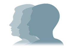 Icône d'évaluations de produit Trois silhouettes de têtes stylisées en bleu, vue de profil, sur fond blanc.