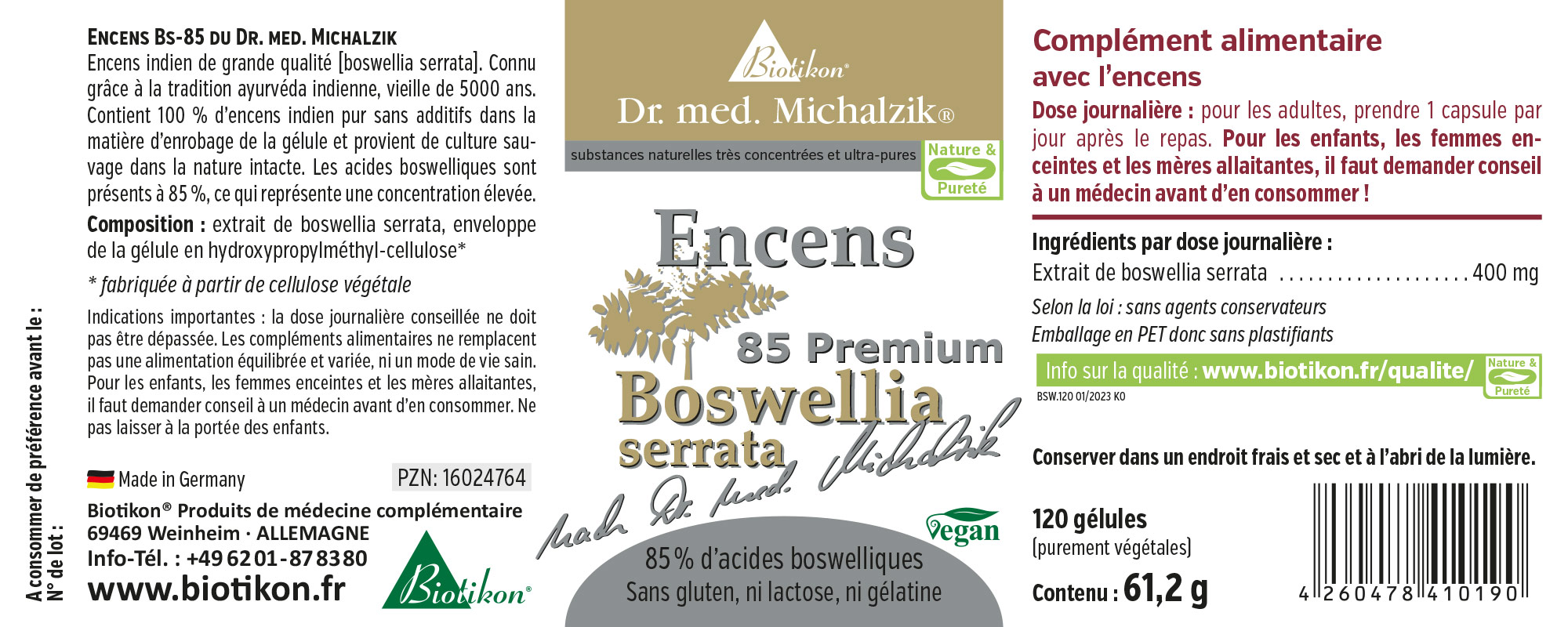 Boswellia Serrata 400 mg - Gélules 120 gélules contenant Boswellia Serrata dans un récipient PET transparent, vegan.