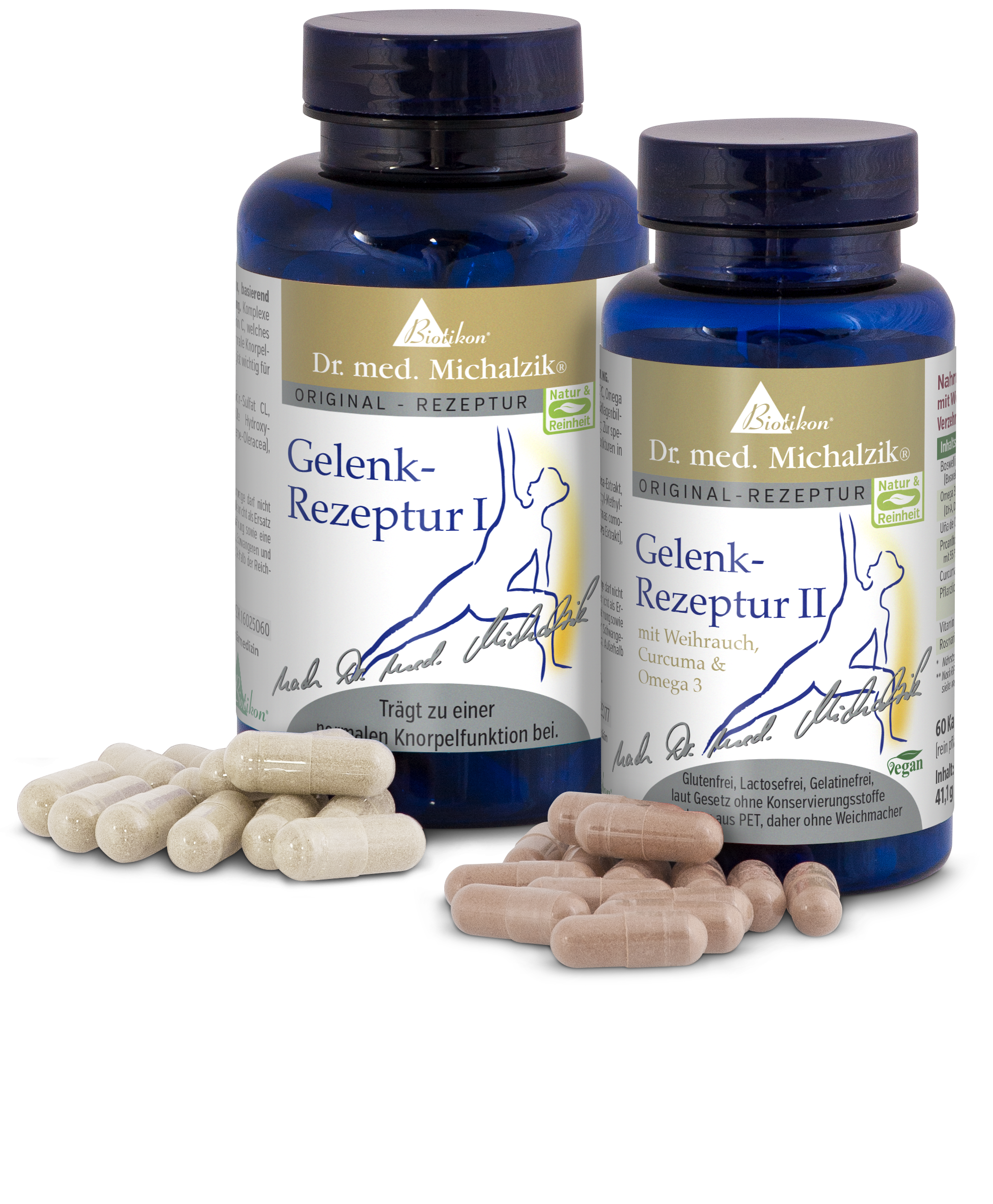 Formule Articulaire I et II – Capsules Deux bouteilles de Formule Articulaire I et II avec des capsules de différentes couleurs. Les bouteilles sont bleues avec des étiquettes dorées. Les capsules visibles sont beige et brune.