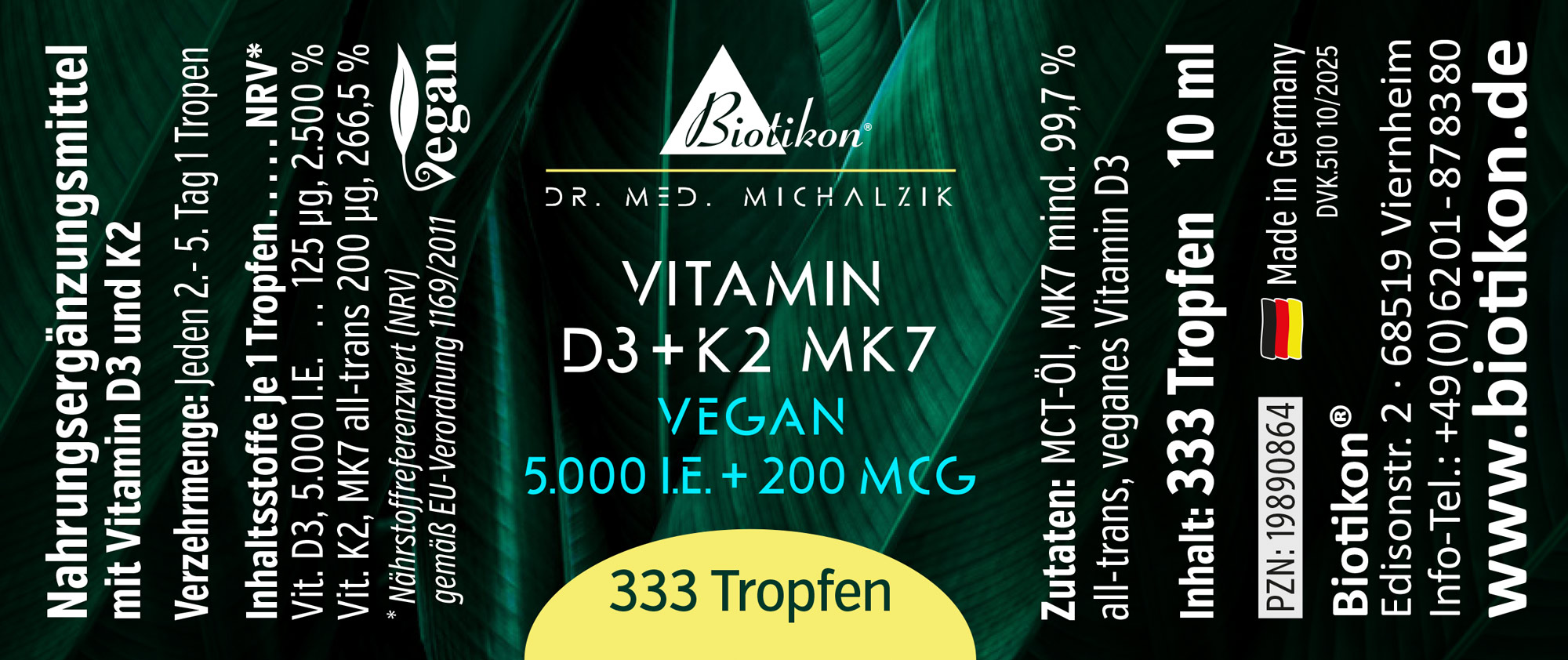 Bouteille de 333 gouttes de vitamine D3 et K2 MK7, 10 ml, emballage vert, vegan.