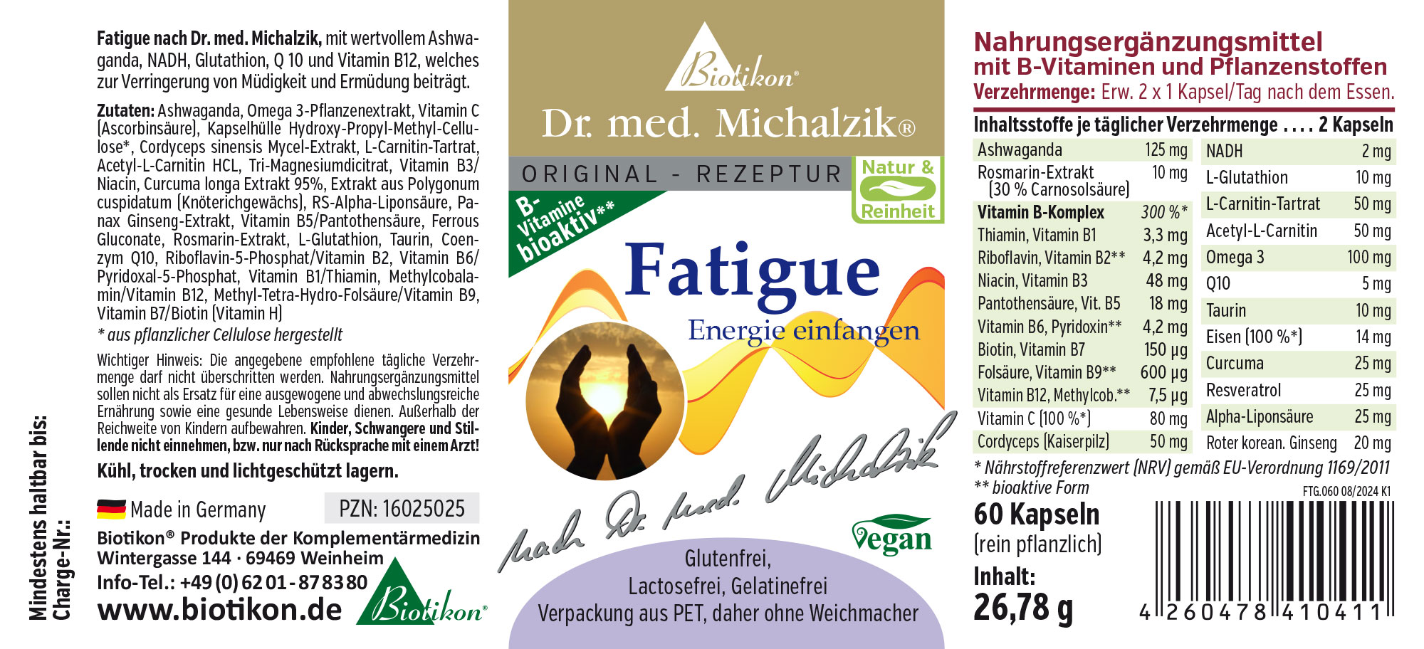 Fatigue 60 Capsules - Complément Alimentaire 60 Capsules de Fatigue par Dr. Michalzik en emballage PET écologique. Végétalien et sans gluten.