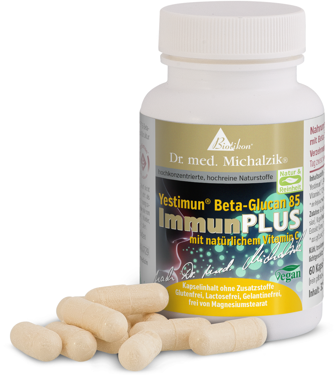 Yestimun Beta-Glucane 85 – Capsules Capsules de Yestimun Beta-Glucane 85 dans une bouteille blanche, 60 pièces, légèrement beige, sur un fond clair.
