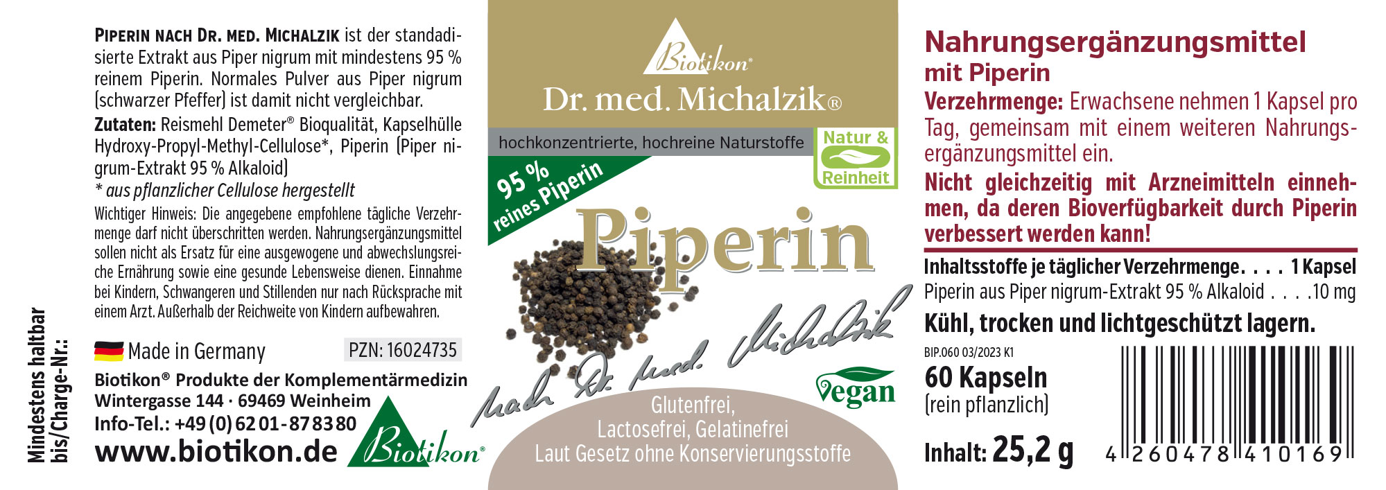 Pipérine 10 mg – Capsules Complément alimentaire Pipérine, 60 capsules dans un emballage transparent, marron foncé, avec informations sur le produit.