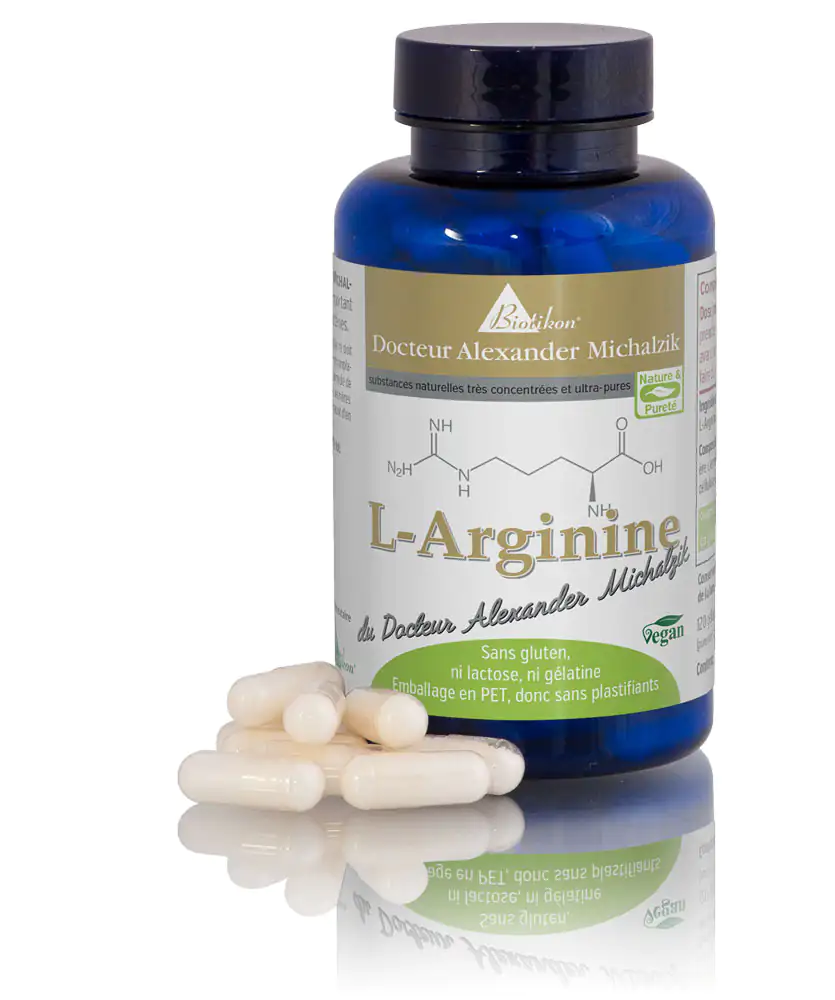 L-Arginine 500 mg – Gélules Bouteille contenant des gélules de 500 mg d'L-Arginine, gélules blanches sur un fond réfléchissant, emballage bleu.