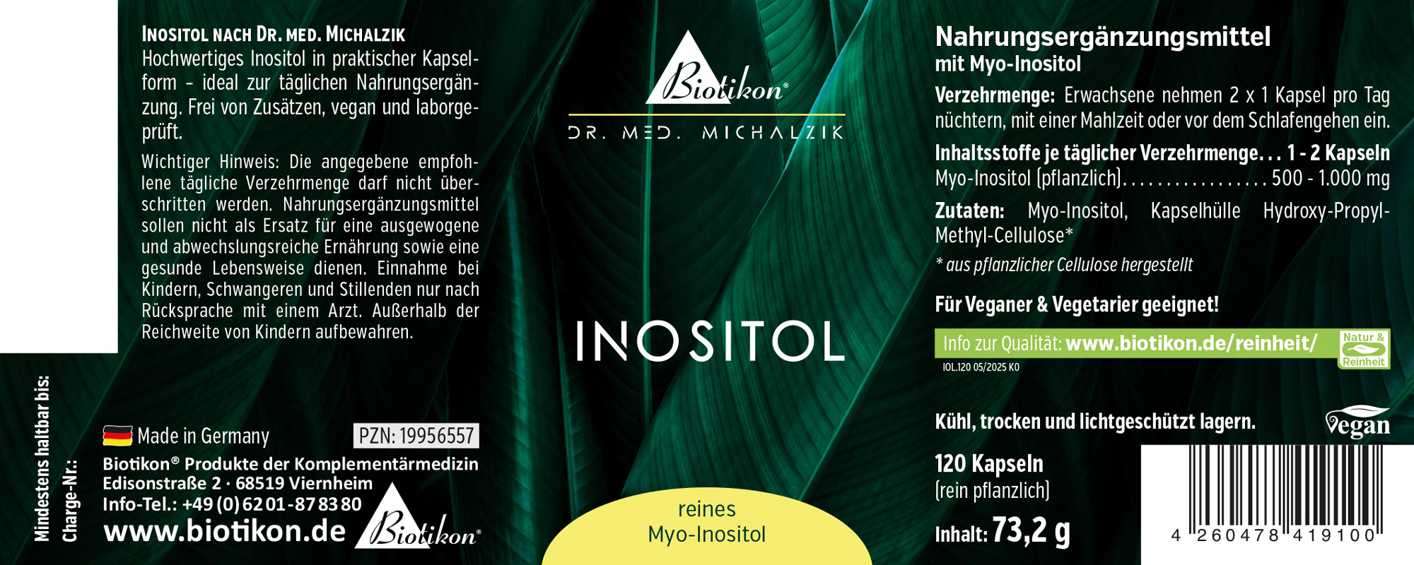 Inositol 1000 mg - Capsules Complément alimentaire d'inositol en capsules, 120 unités, emballage vert, d'origine végétale, végan.