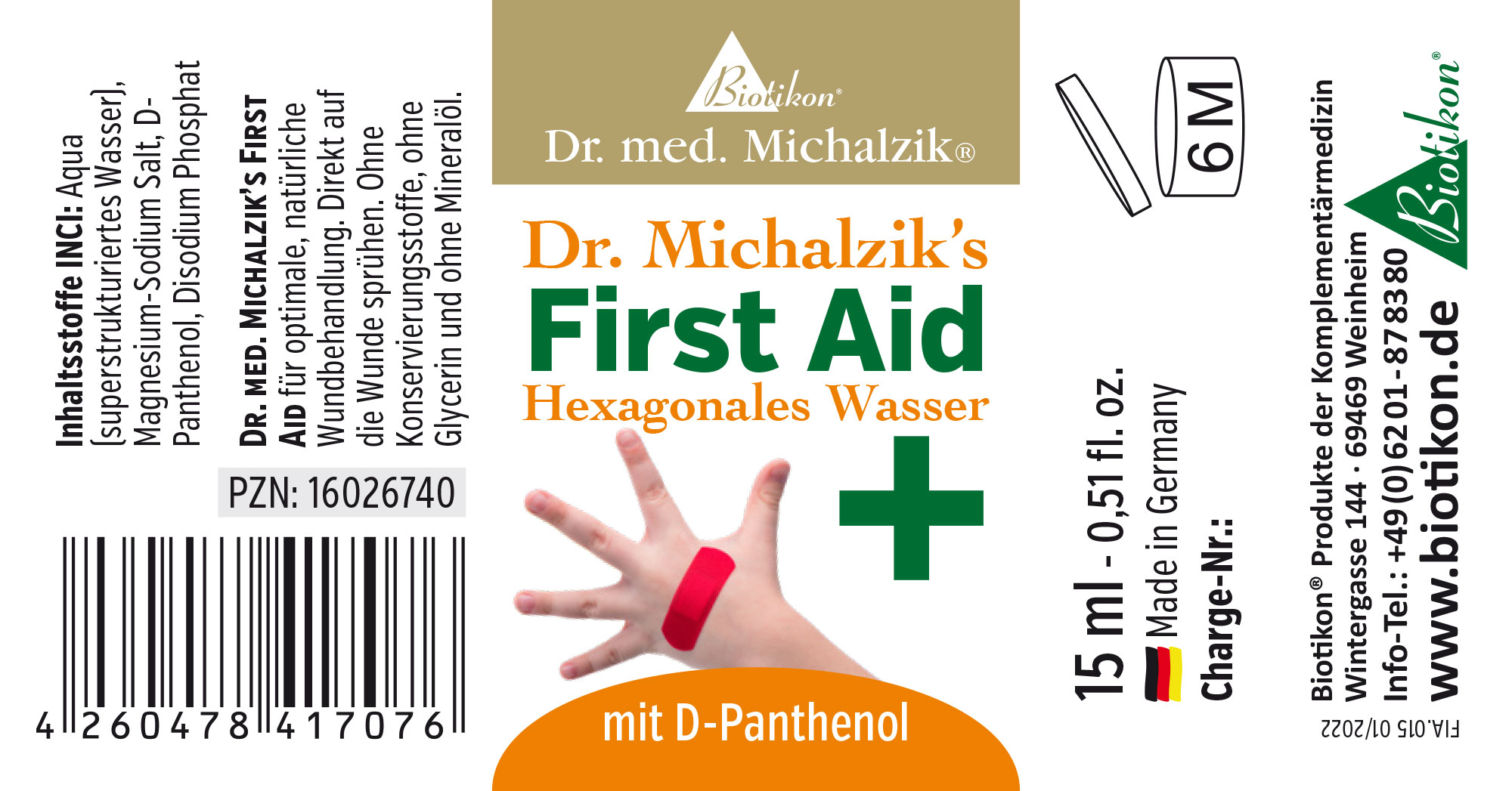 Eau Hexagonale 15 ml – Premiers Secours Bouteille de 15 ml d'eau hexagonale, D-Panthénol, premiers secours, emballage orange, main avec bandage, vue de face.