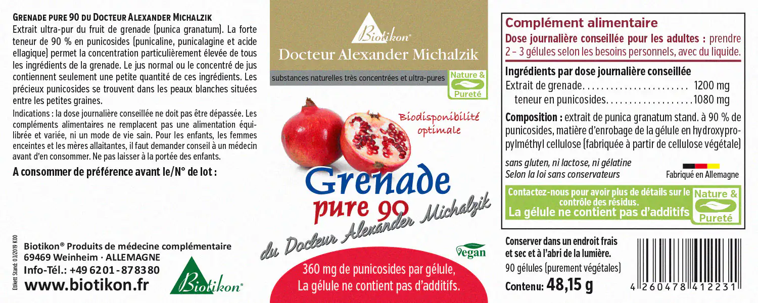 Grenade Pure 90 – Gélules Complément alimentaire avec 1200 mg d'extrait de grenade, 90 gélules dans un emballage vert et blanc.