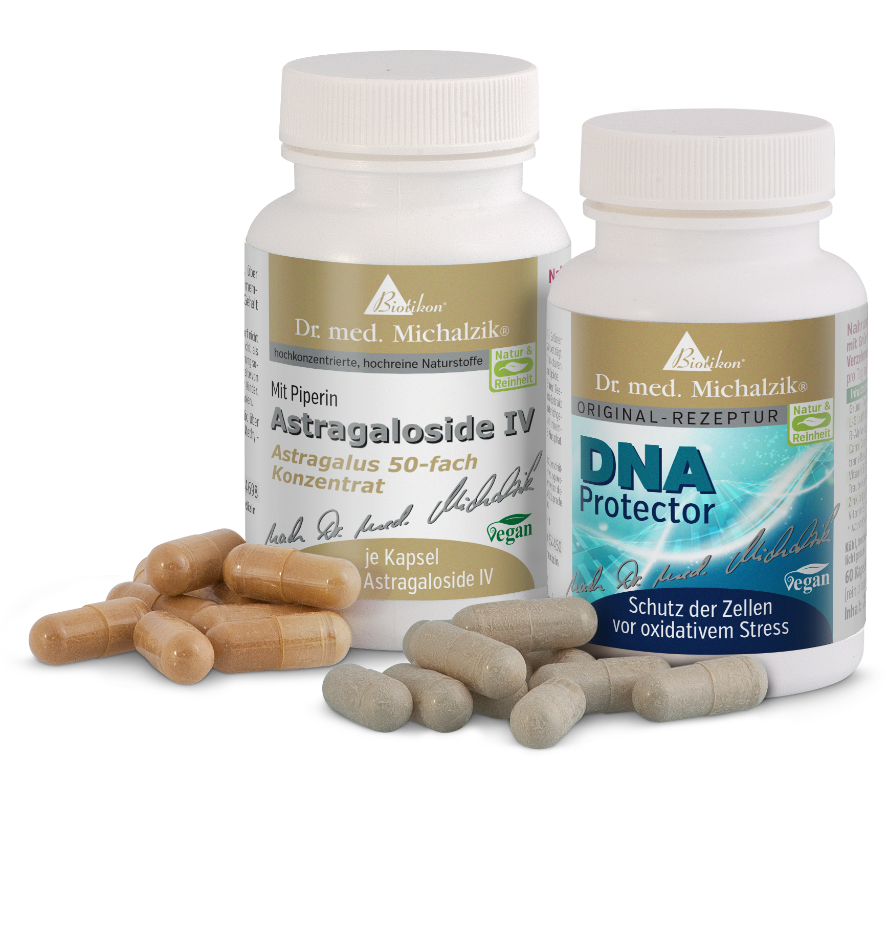 Astragaloside IV 50x – Gélules Deux bouteilles de gélules d'Astragaloside IV et de Protection ADN, gélules beige et grises sur une table.