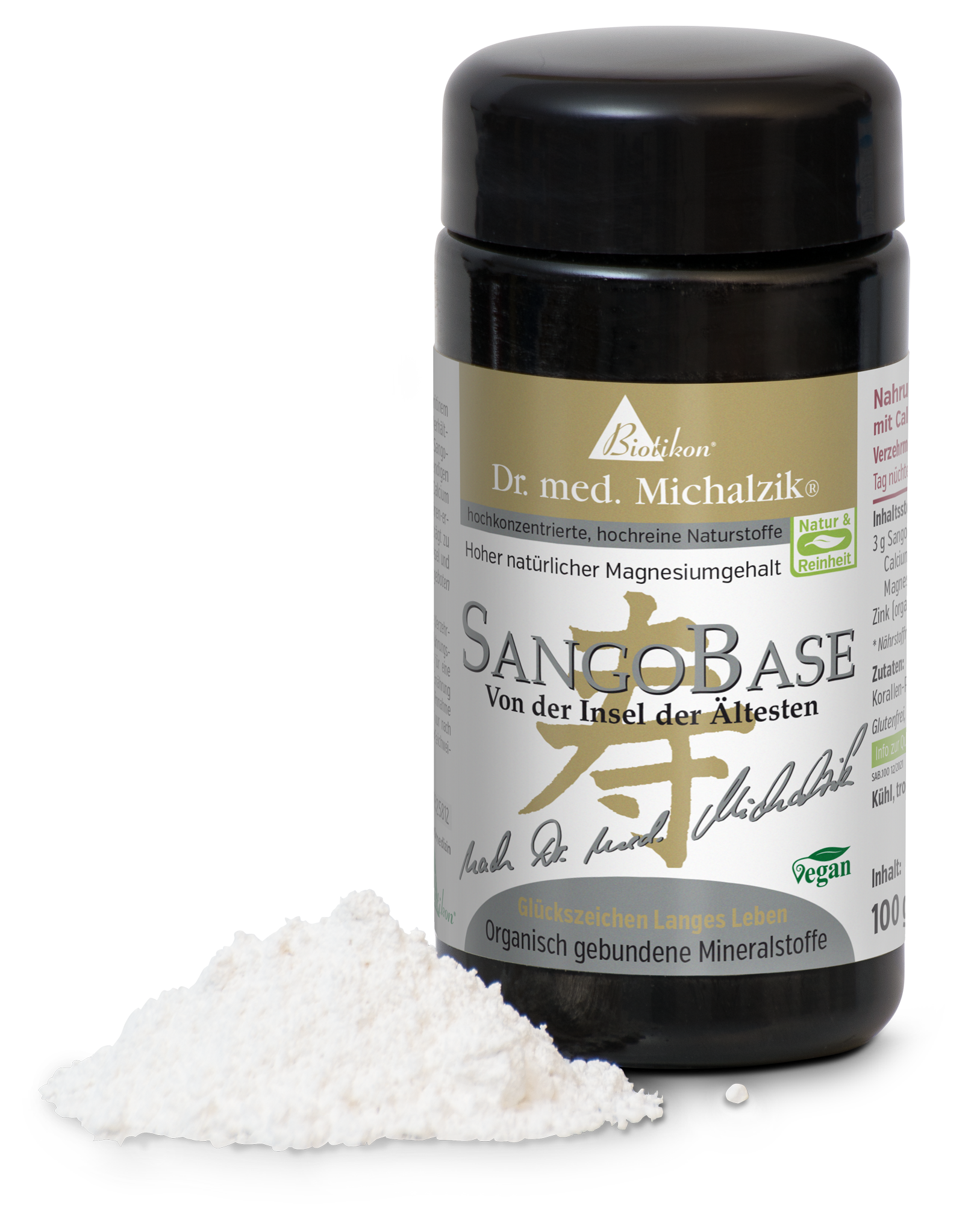 SangoBase 100g – Poudre minérale Poudre minérale SangoBase dans un conteneur noir, 100g, à côté d'une quantité de poudre blanche.