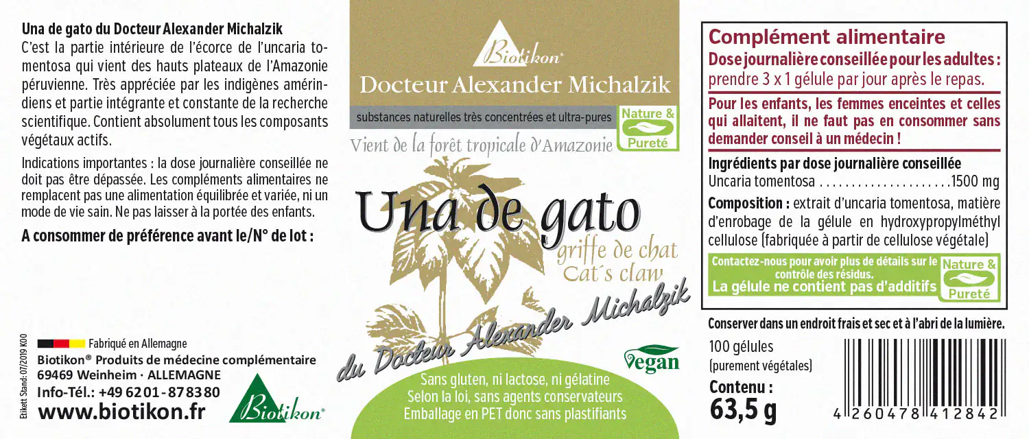 Una de Gato 1500 mg – Gélules Gélules contenant 1500 mg d'Una de Gato, 100 pièces, emballage à motif végétal, végan.