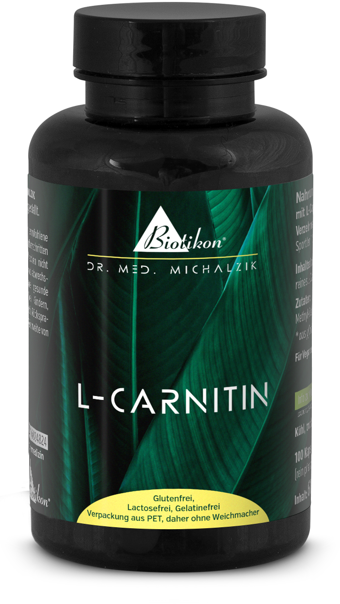 L-Carnitine – 100 Capsules Capsules de L-Carnitine dans un emballage PET noir, sans gluten, 100 unités, vue de face.