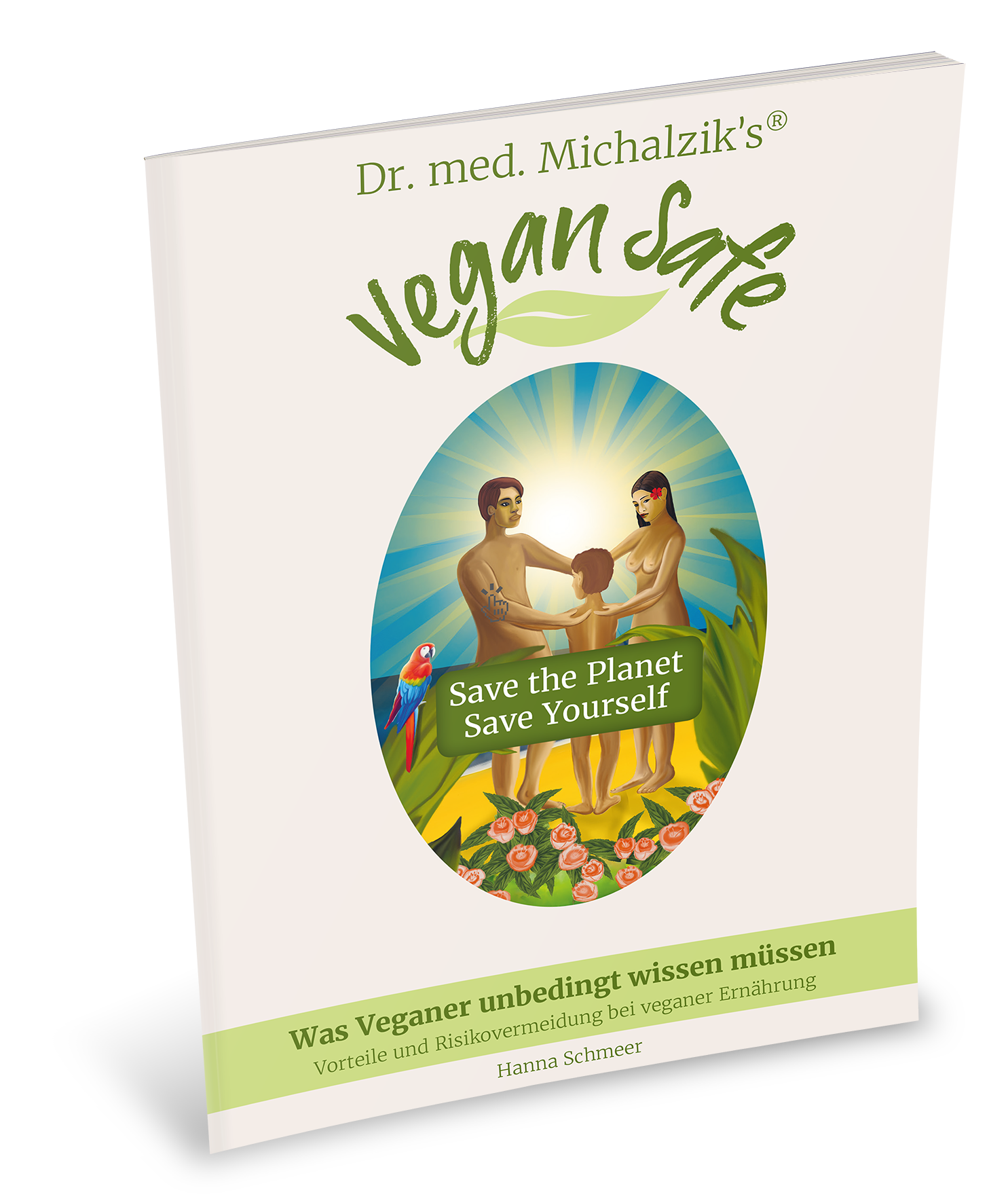 Couverture de Vegan Safe par Dr. Michalzik, présentant une famille, des éléments naturels, des couleurs vives et une typographie claire.