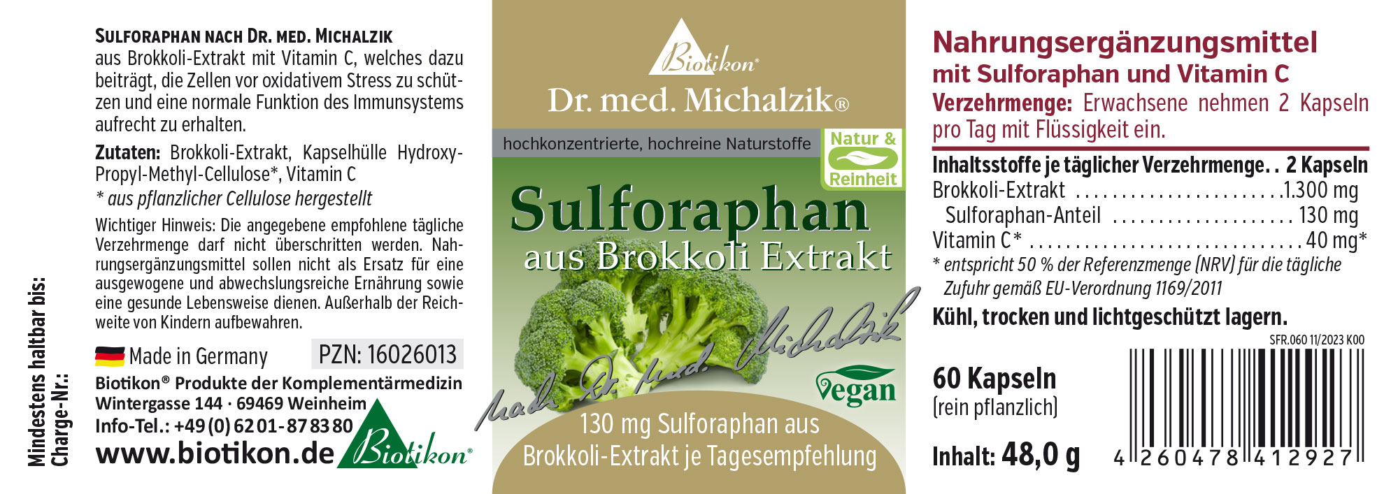 Sulforaphane 130 mg - Gélules Complément alimentaire à base d'extrait de brocoli et de vitamine C, 60 gélules, emballage vert, vue de dessus.