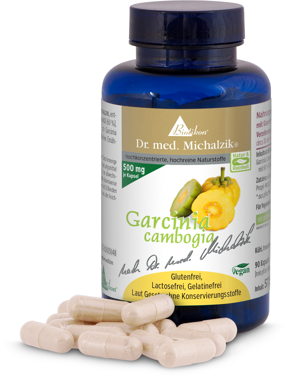 Garcinia Cambogia 500 mg - Capsules Bouteille bleue contenant 90 capsules, Garcinia Cambogia, capsules visibles et design fruit.