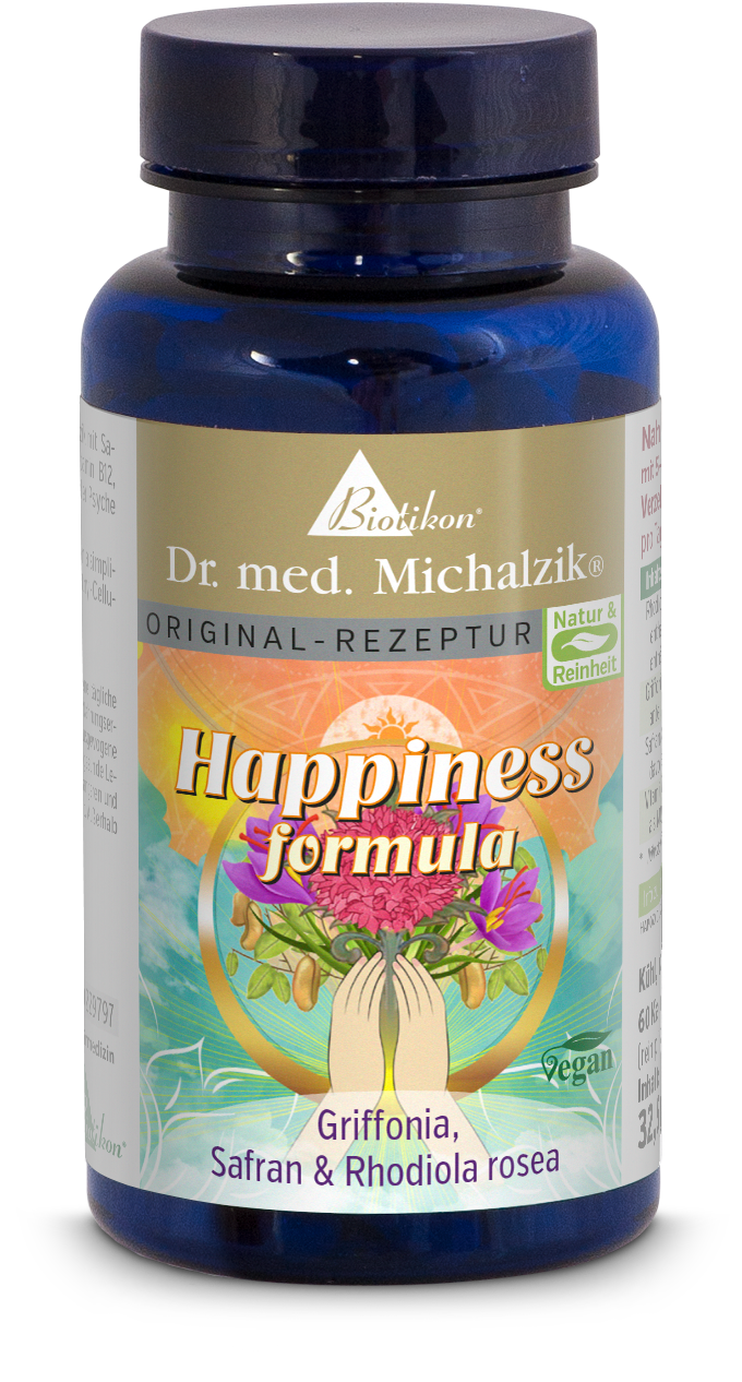 Formule Bonheur – Gélules avec Griffonia Gélules Formule Bonheur de Biotikon, 60 pièces, bouteille bleue avec étiquette colorée, végan.