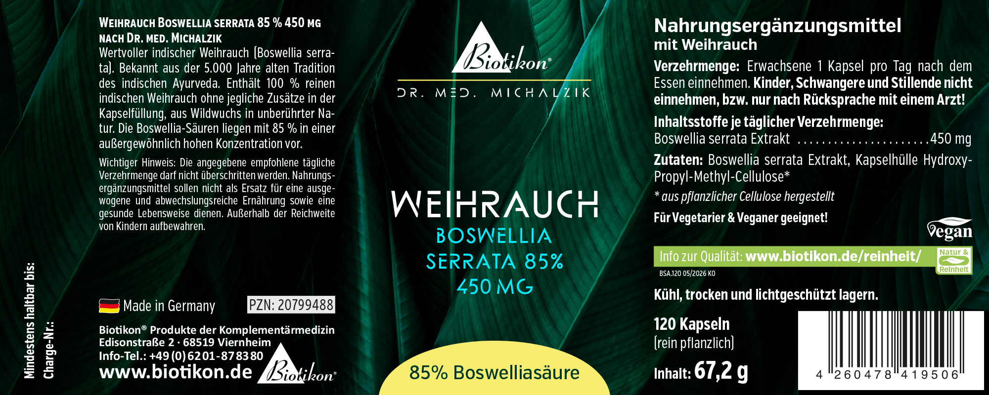 Encens 450 mg Boswellia serrata 85 % Étiquette