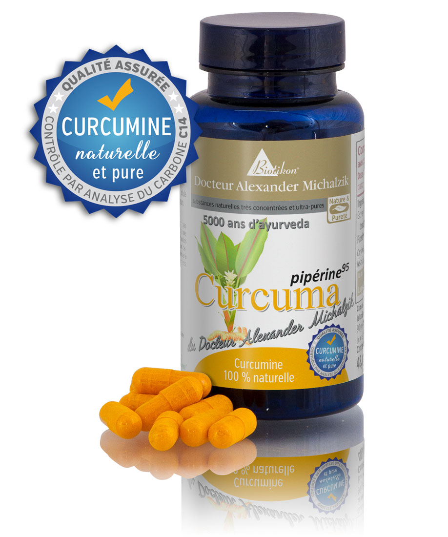 Curcuma 500 mg – Capsules Flacon de capsules de curcuma jaunes, 60 pièces, vue de face, étiquette visible.