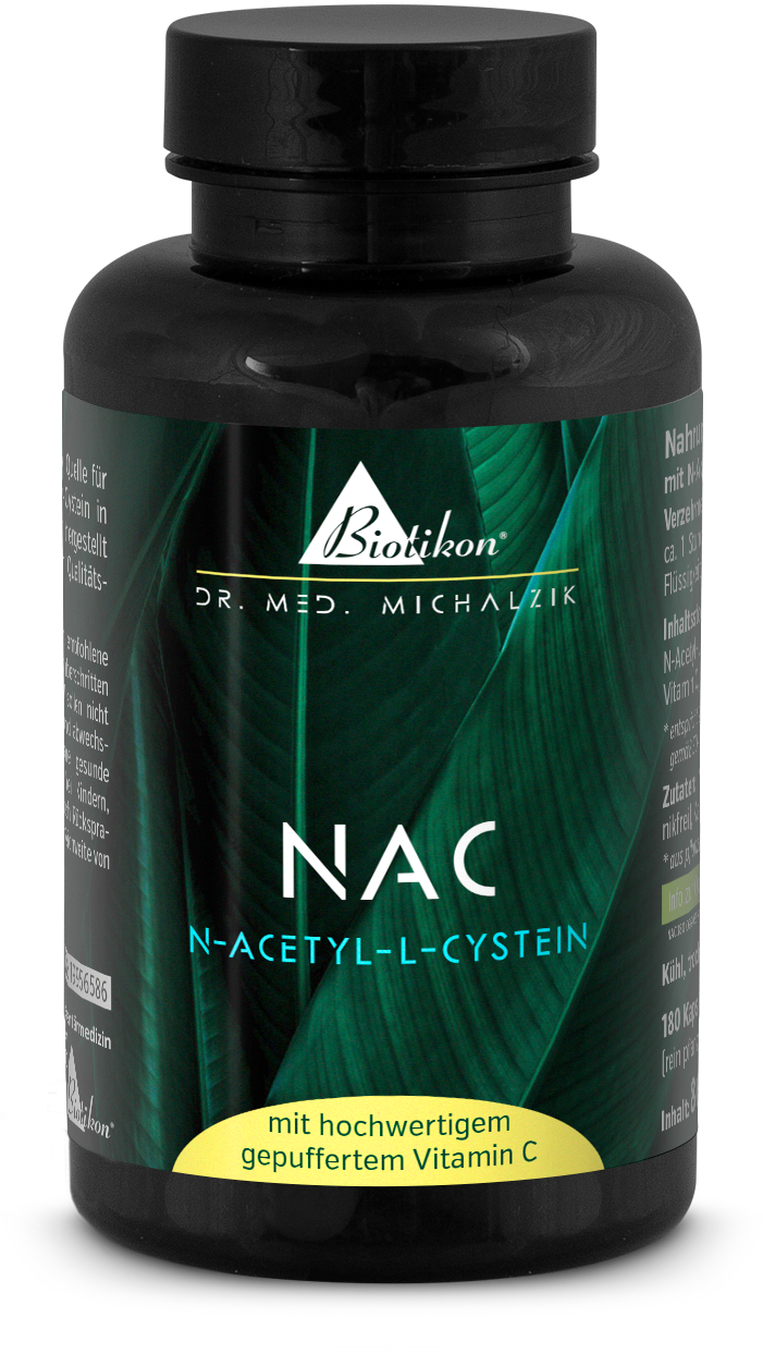 Bouteille noire contenant de la N-Acetyl-L-Cystéine, 180 capsules, haute qualité, sans additifs, vue de face.