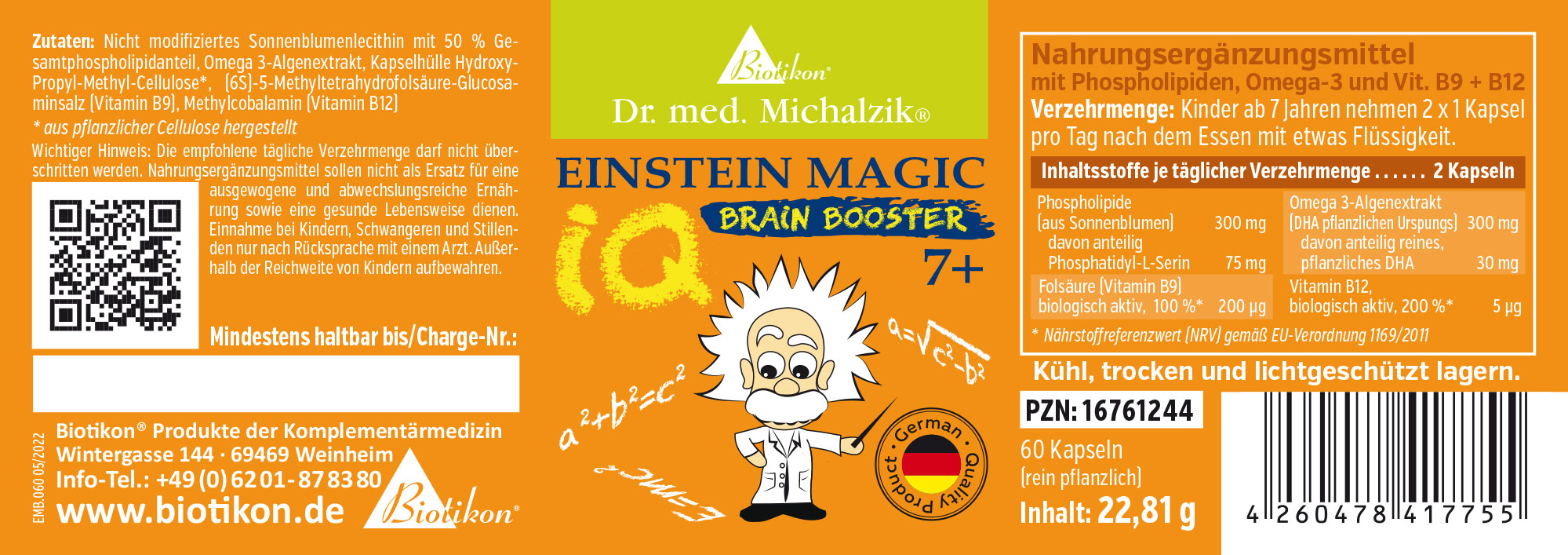 Einstein Magic IQ Brain Booster – 60 Capsules Complément alimentaire en capsules, 60 pièces, emballage orange, avec motifs de scientifiques.