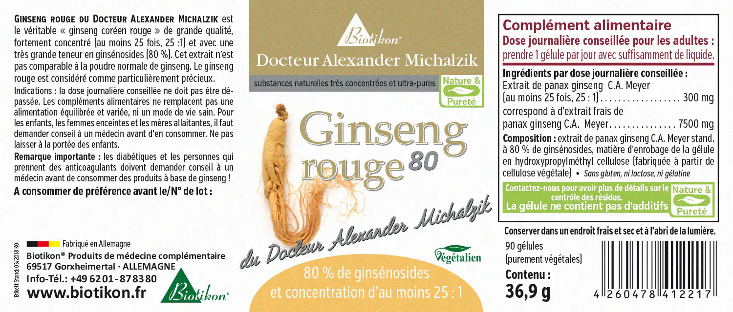 Ginseng Rouge 80-90 Capsules Végétariennes Ginseng rouge de Dr. Alexander Michalzik, 90 capsules végétariennes, haute qualité, emballage en allemand.