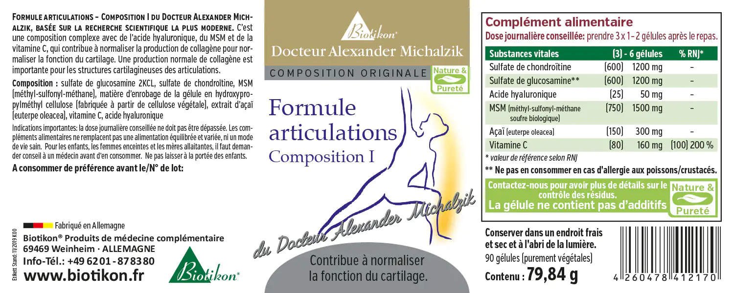 Formule Articulaire 1 Étiquette Complément alimentaire, gélules, 90 pièces, emballage blanc, vue de face, contient du glucosamine et de la chondroïtine.