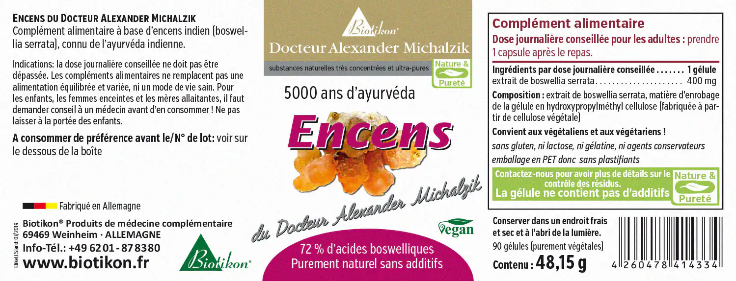 Capsules de Boswellia Serrata 400 mg - 90 Vegan 90 capsules de Boswellia Serrata vegan, dans un emballage marron, fabriquées en Allemagne.