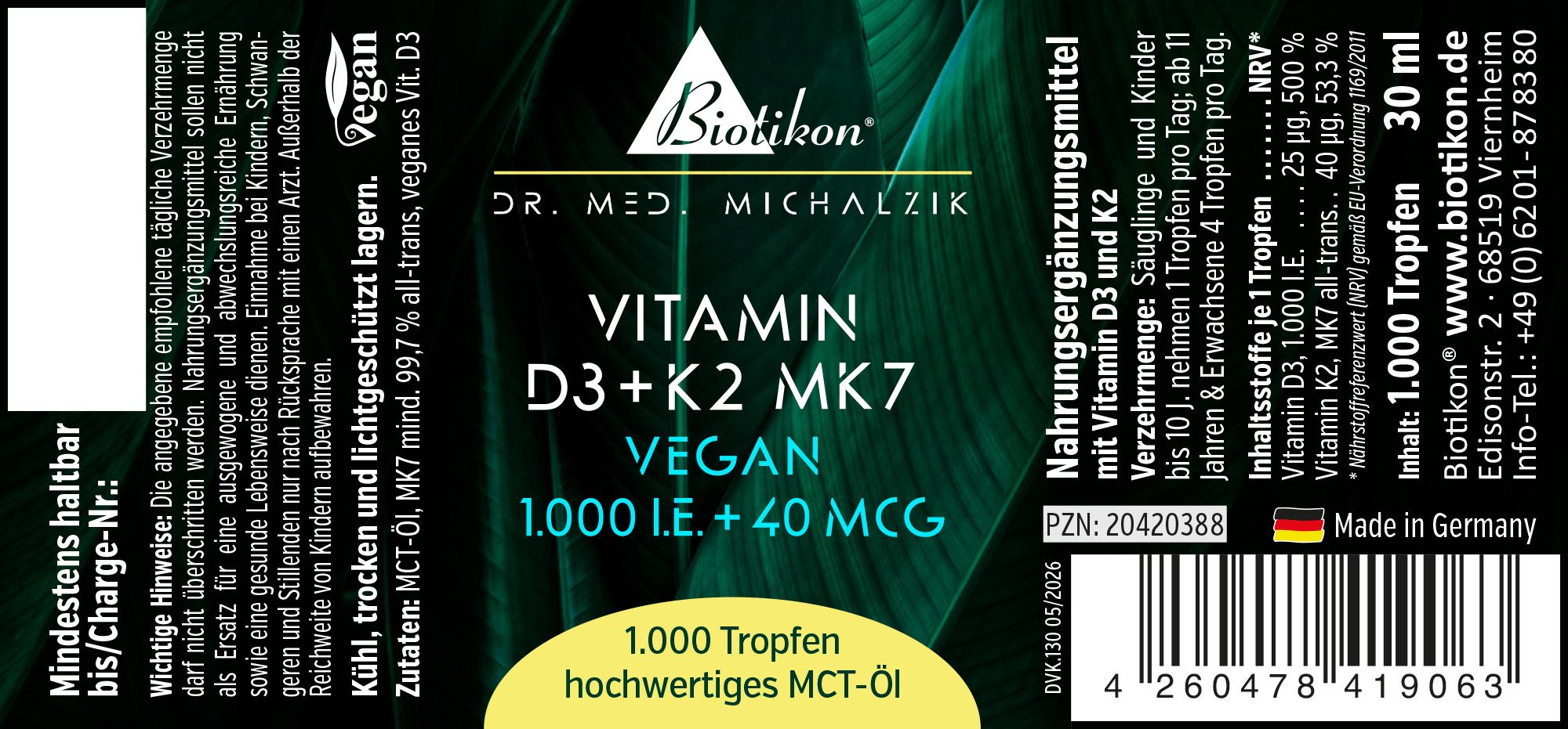 Bouteille de 30 ml de vitamine D3 et K2 MK7 sous forme de gouttes, emballage vert, vegan.