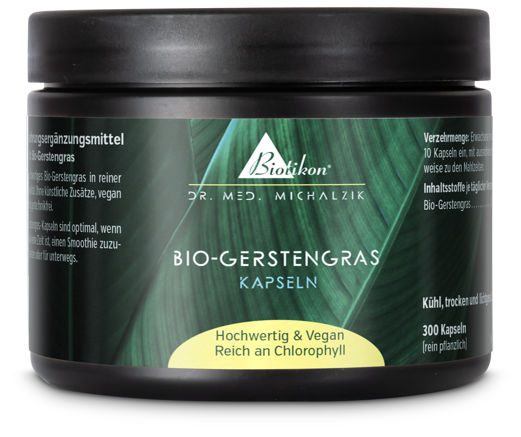 Capsules d'Herbe d'Orge Bio – 300 unités Capsules d'herbe d'orge bio dans un récipient noir, 300 capsules, véganes et de haute qualité.