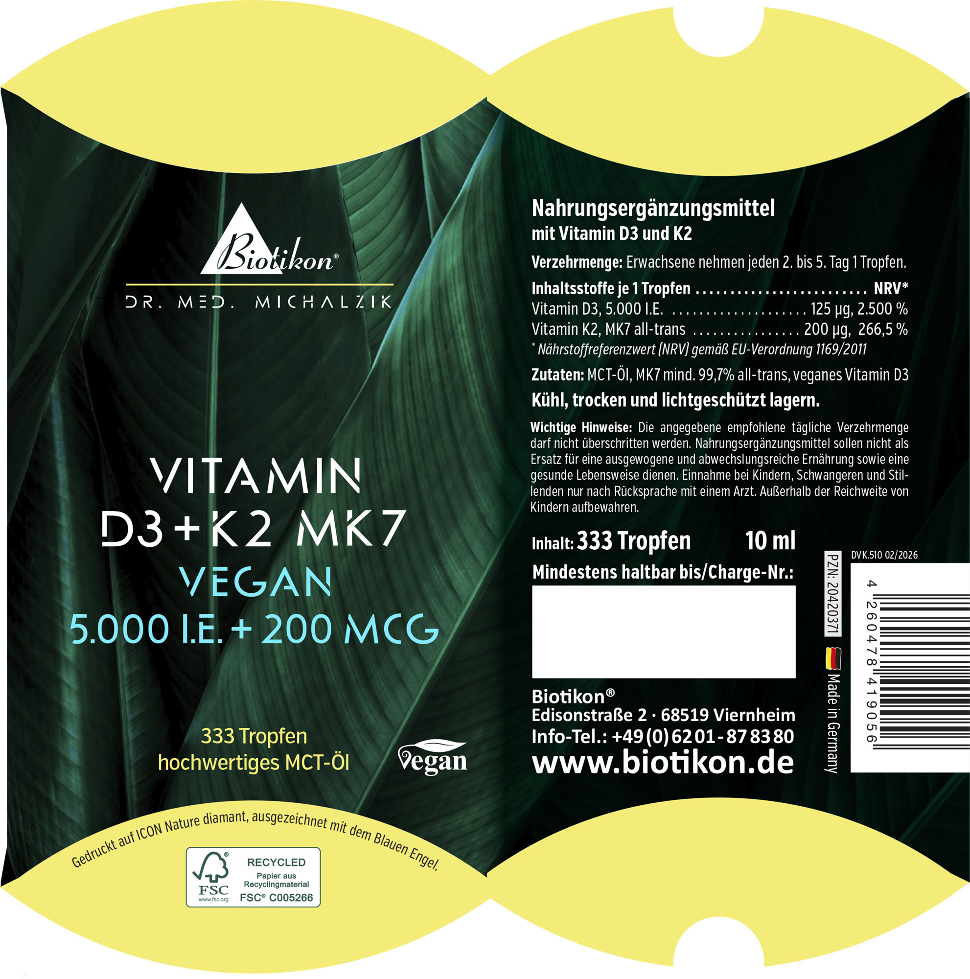 Vitamine D3 + K2 MK7 5000 UI – 333 Gouttes Complément alimentaire avec de la vitamine D3 et K2 en gouttes, 10 ml, emballage vert.
