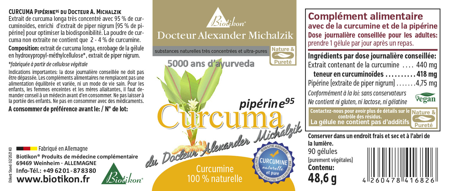 Curcuma 440 mg - 90 Capsules Capsules de curcuma contenant 440 mg de curcumine, 90 pièces, emballage au design clair, perspective latérale.