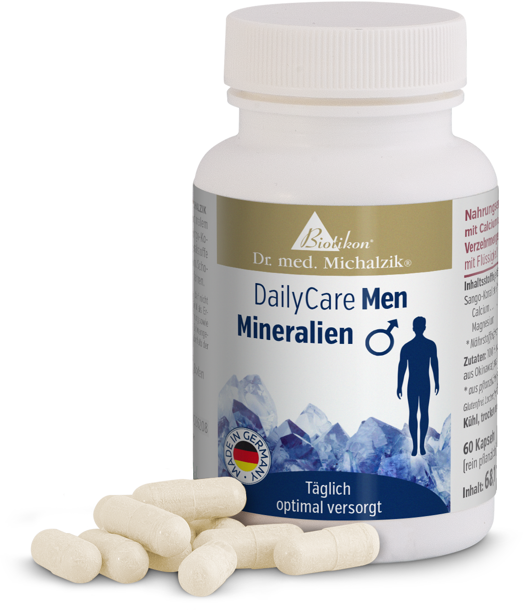 Gélules de Minéraux – 60 unités Gélules de minéraux DailyCare Men, 60 gélules dans un emballage blanc avec des accents bleus, à côté des gélules sur un fond blanc.