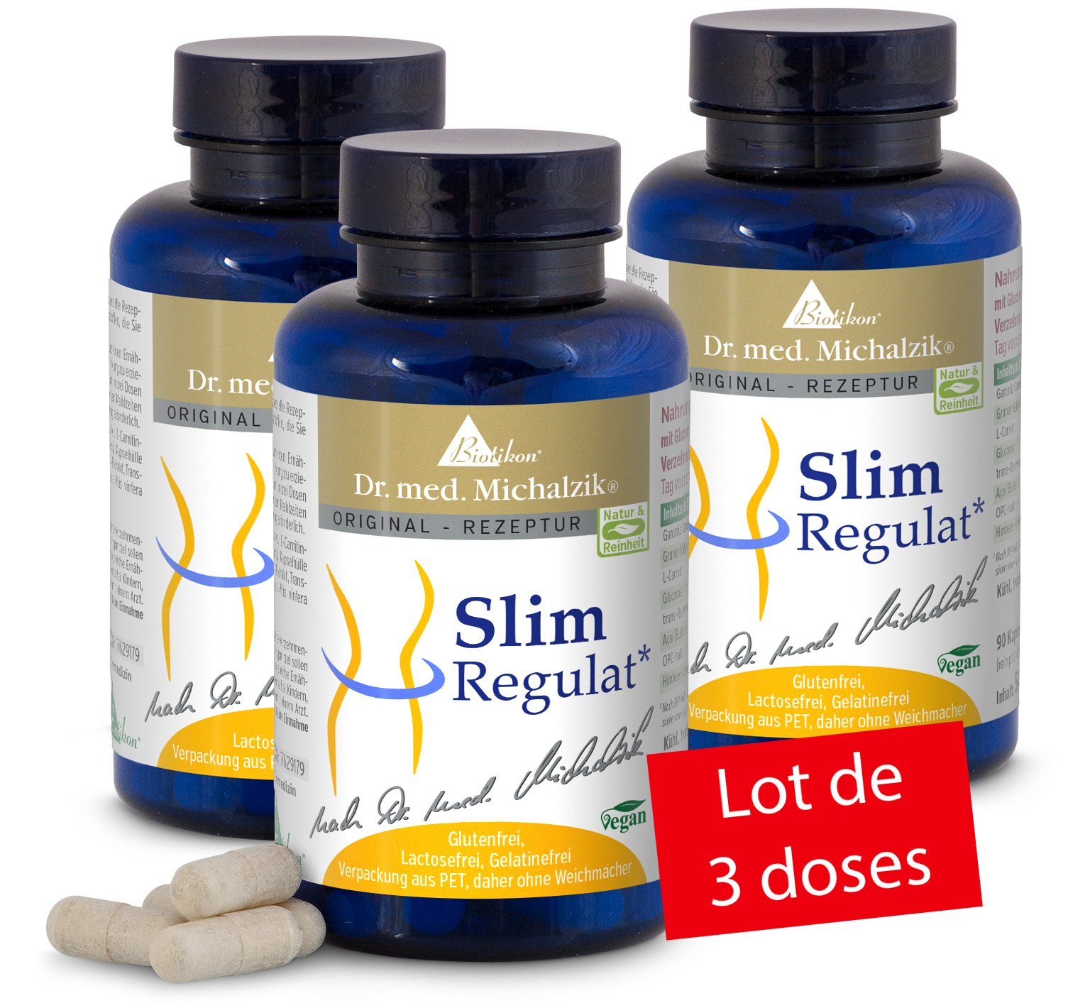 Slim Regulat – 3 Flacons de Gélules Trois flacons bleus de gélules Slim Regulat, contenant 90 gélules véganes et sans gluten.