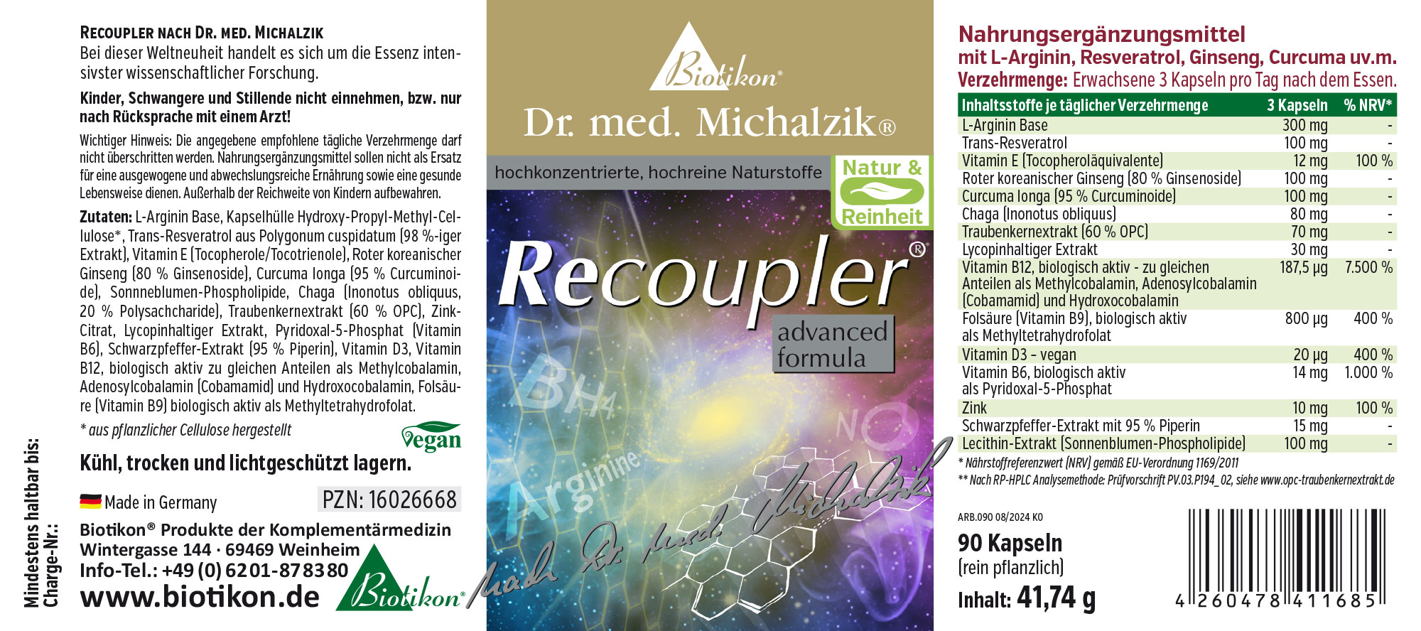 Recoupler 90 Capsules – L-Arginine, Resvératrol Complément alimentaire en emballage carton, 90 capsules, design coloré, végan.
