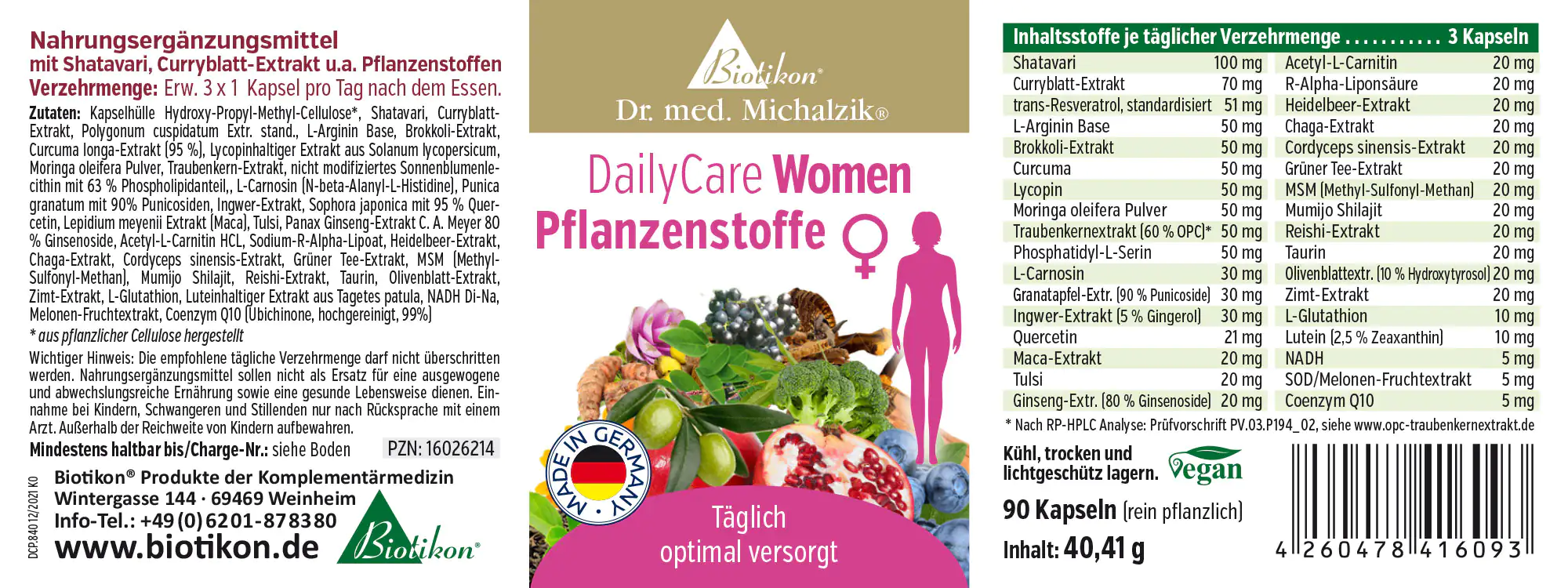 Composés de Plantes 90 Capsules – DailyCare Femmes 90 capsules complément alimentaire pour femmes, emballage coloré, contient de l'extrait de Shatavari et de feuille de curry.