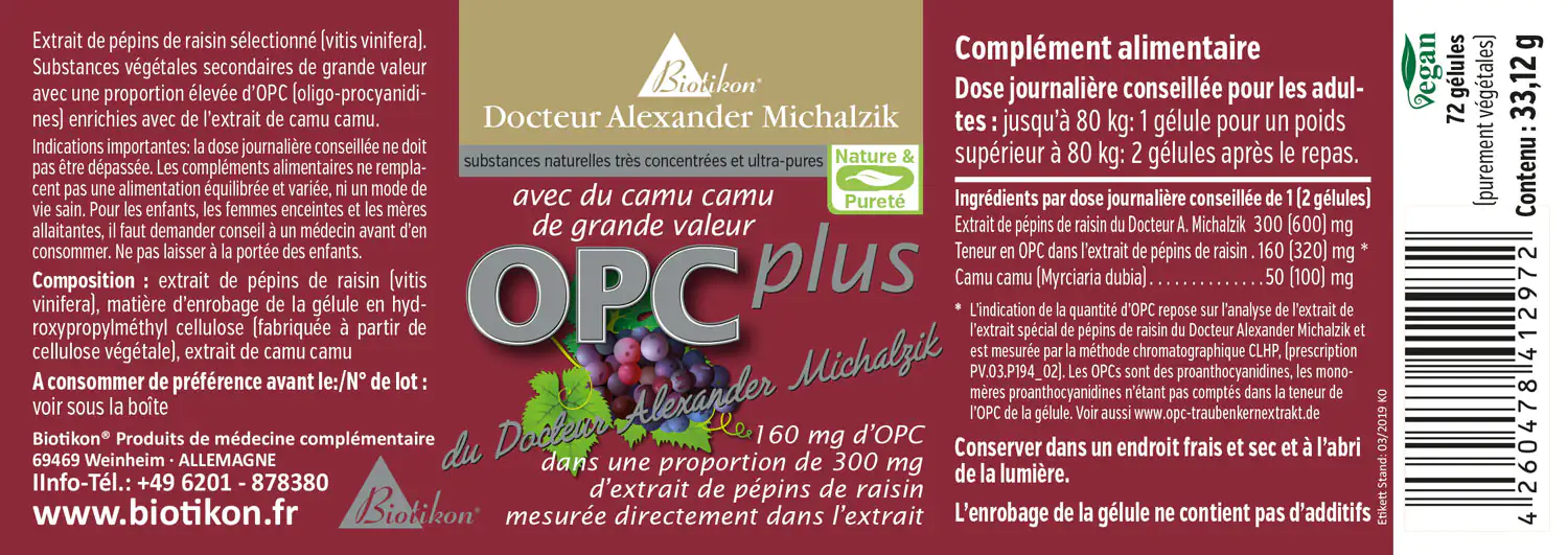 OPC Plus – 72 Capsules Emballage léger avec 72 capsules brunes, extrait de pépins de raisin et Camu Camu.