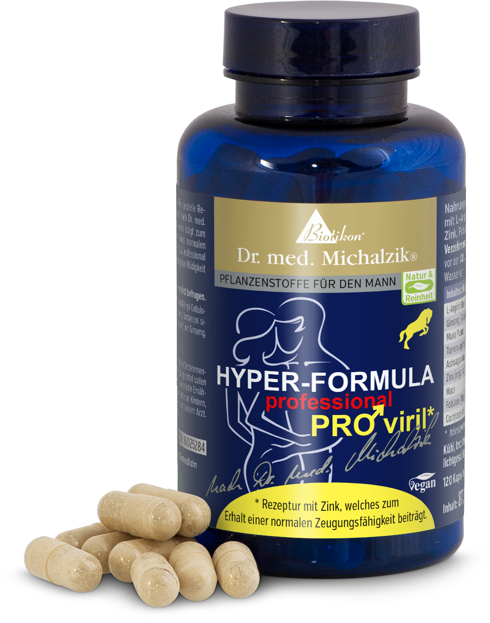 Hyper-Formula PRO Viril 120 Capsules Bouteille bleue contenant 120 capsules, ingrédients d'origine végétale, vegan, capsules bien visibles.