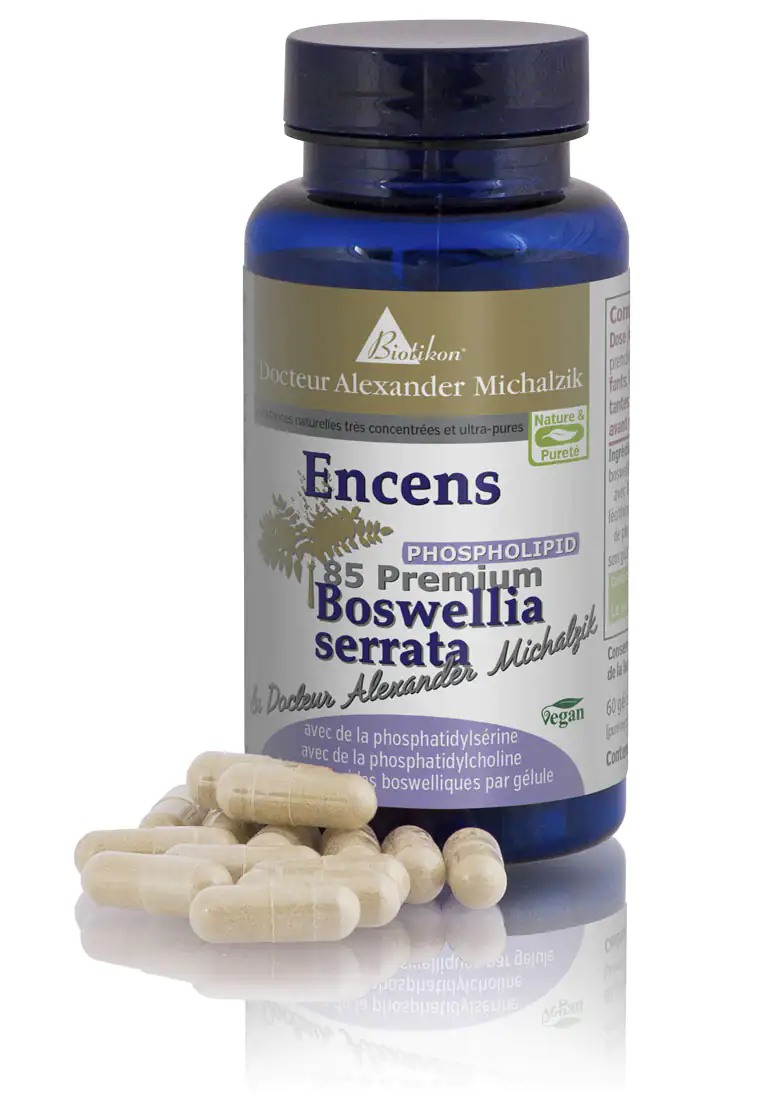 Capsules de Boswellia Serrata BS85 Phospholipides Flacon bleu contenant 60 capsules au premier plan, végan, contenu en phospholipides.