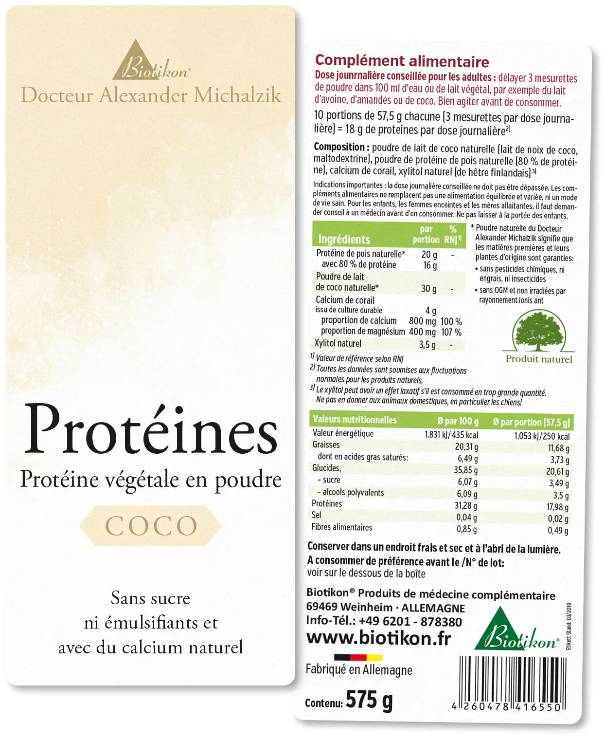 Poudre de Protéine Végétale Coco – 575 g Poudre de protéine végétale dans un emballage de 575 g, beige clair, avec informations nutritionnelles au dos.