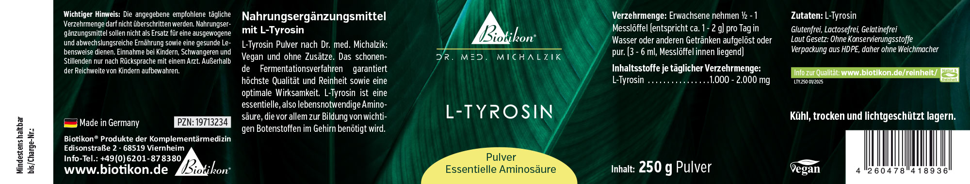 L-Tyrosine 250 g – Poudre Complément alimentaire L-Tyrosine, poudre de 250 g dans un emballage solide, design vert, vue de face.