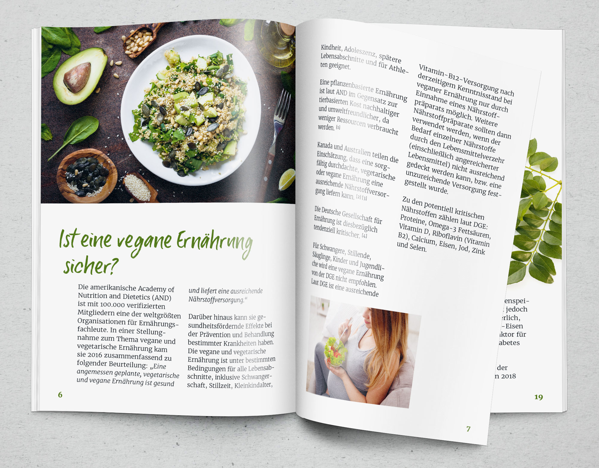 Régime Végétalien – Sûr et Sain ? Page de magazine sur le régime végétalien avec un bol de salade coloré et du texte. Fond en couleurs neutres.