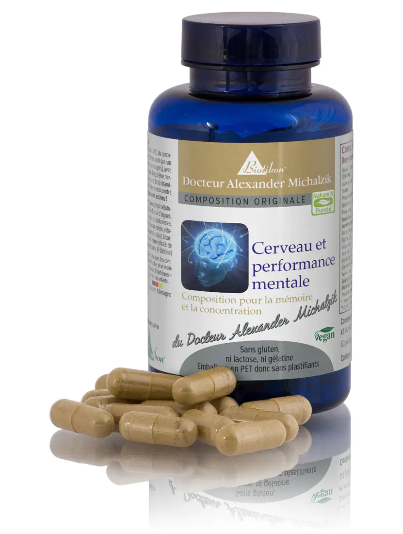 Cerveau et performance mentale – Gélules Gélules pour la mémoire et la concentration, 60 pièces, dans un récipient en PET bleu.