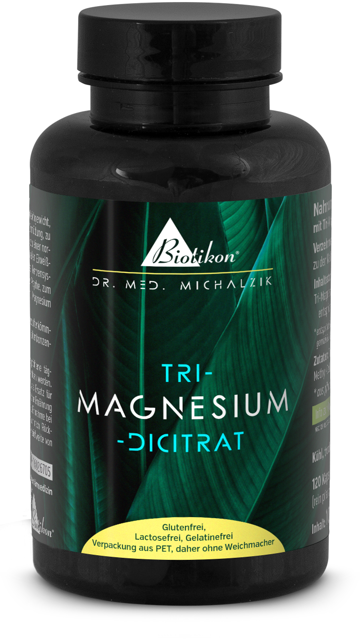 Tri-Magnésium Dicitrat 120 Capsules Bouteille de Tri-Magnésium Dicitrat, 120 capsules, design noir avec des feuilles vertes en arrière-plan.