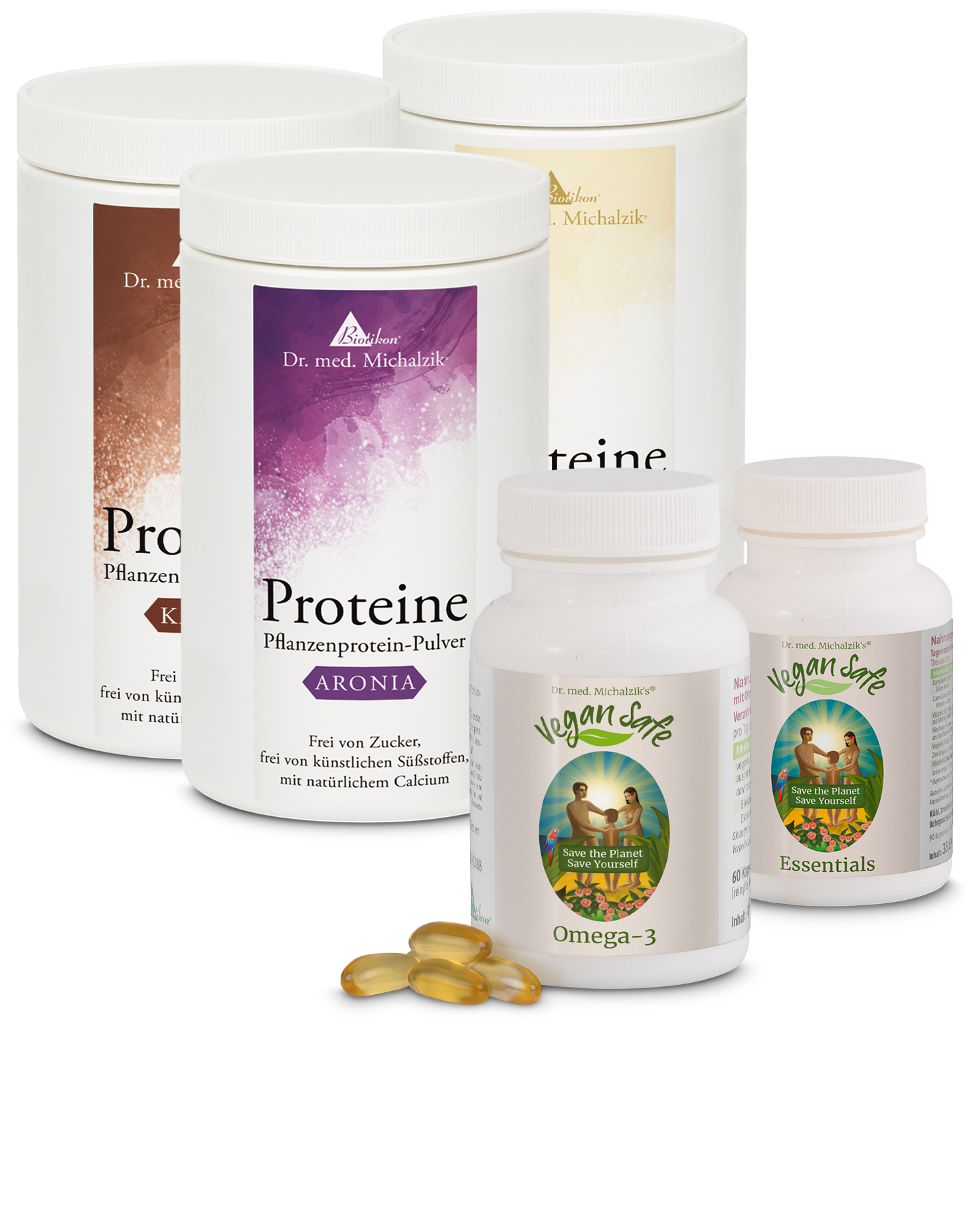 Poudre de protéines végétales – 400 g Quatre conteneurs de poudre de protéines végétales de différentes couleurs et étiquettes, ainsi que des capsules d'Omega-3 et des essences, sur fond blanc.