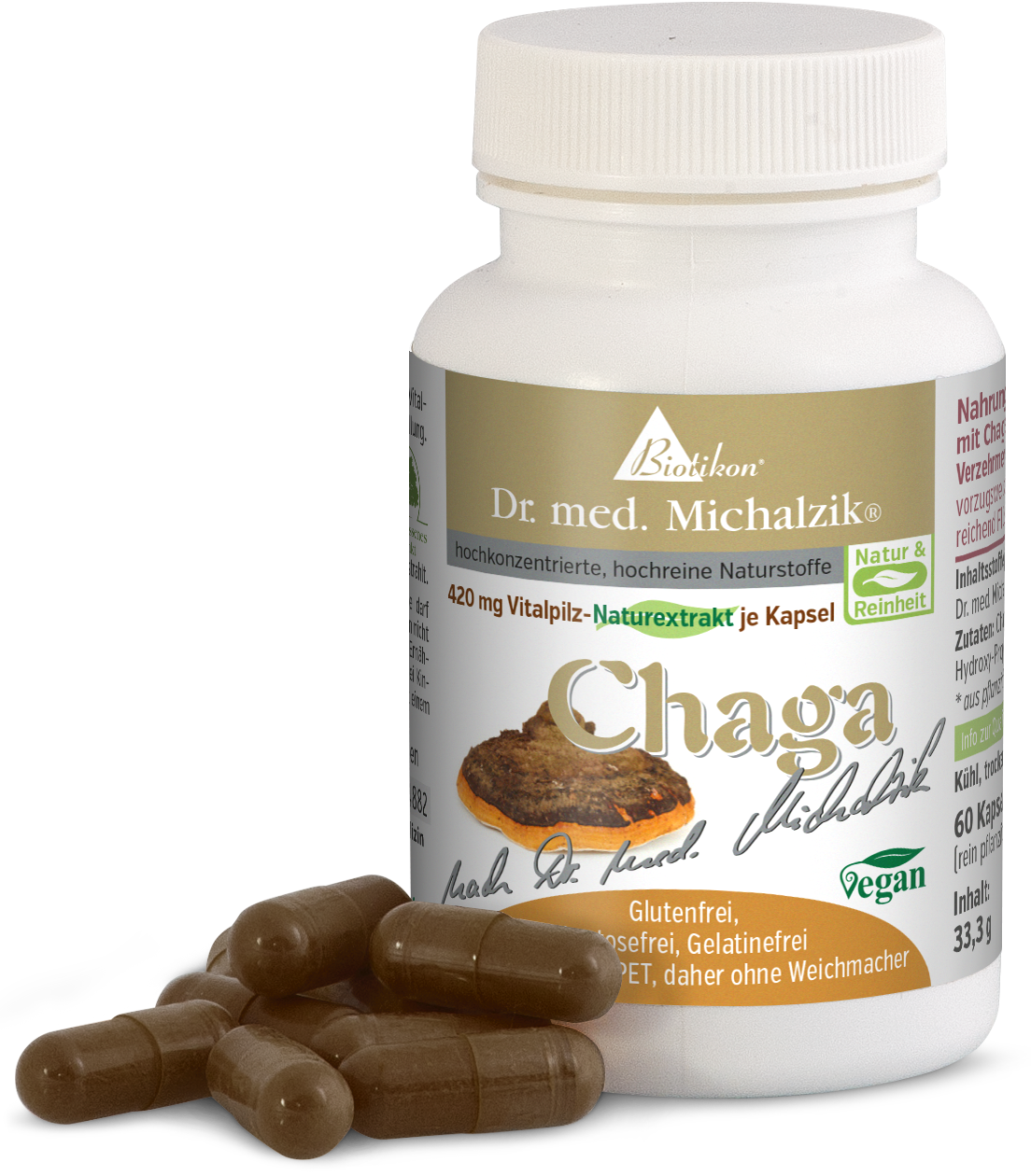 Chaga 420 mg – Gélules Gélules d'extrait de champignon Chaga, 60 pièces, gélules brunes au premier plan, flacon en arrière-plan.