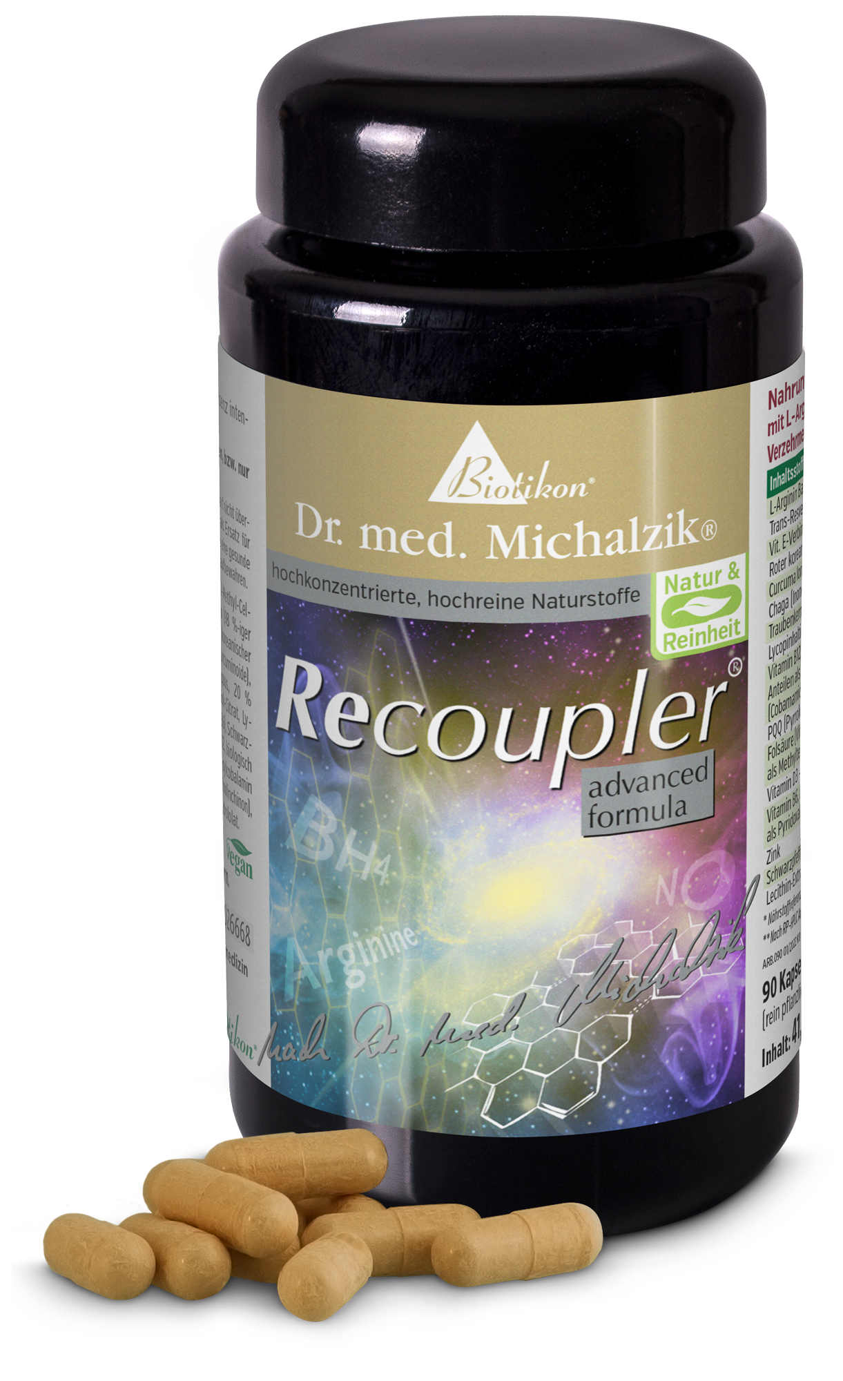 Recoupler – 90 Capsules Complément alimentaire dans une bouteille sombre, 90 capsules, beige, vue latérale.