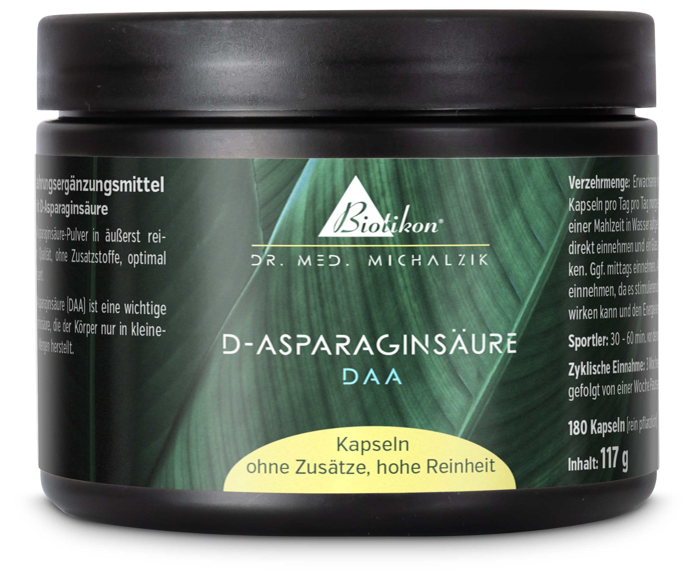 Acide D-Aspartique 180 Capsules - Complément Alimentaire Capsules d'acide D-aspartique, 180 pièces, contenant noir, haute pureté, vue de côté