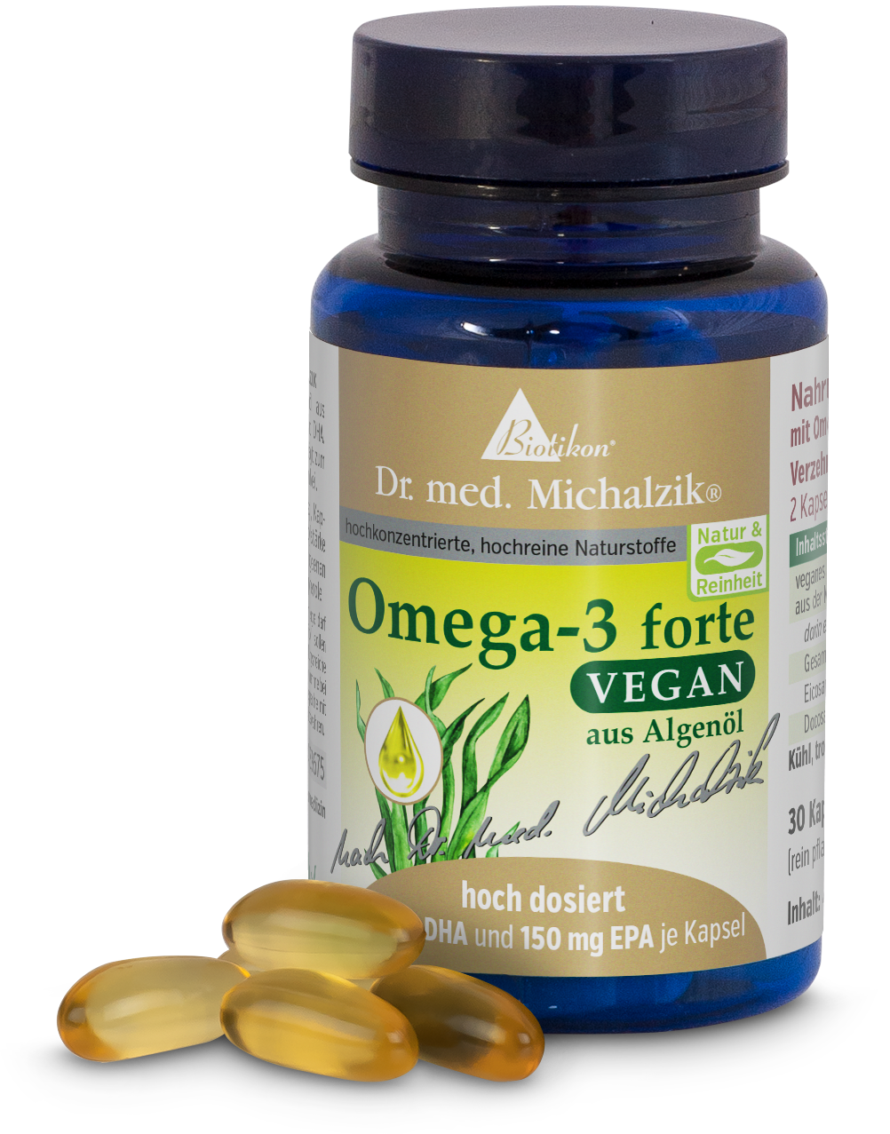 Omega-3 Forte 150 mg - Capsules Bouteille de gélules noires contenant 30 gélules végétaliennes d'Omega-3 à base d'huile d'algue, conçues de manière colorée et de haute qualité.